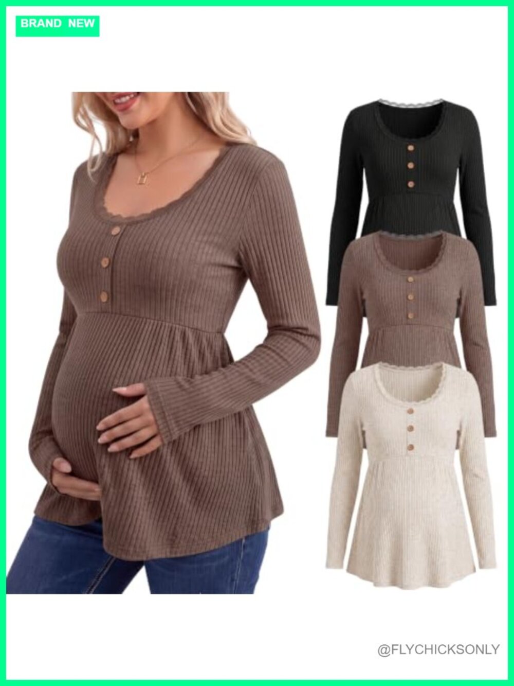 Cutecrop 3 Pack Maternity Ribbed Lace Tunic Tops Long Sleeve Pregnancy Shirt